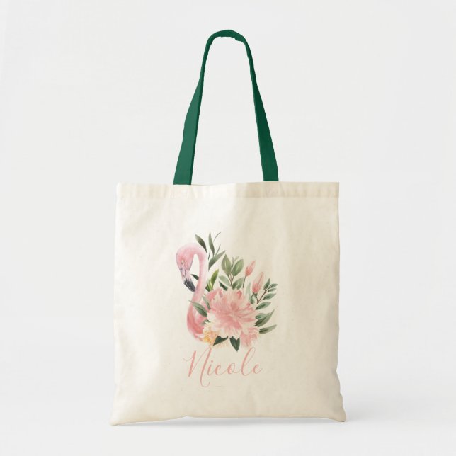 Pink Floral Flamingo Tropical Bridal Party Tote Bag (Front)