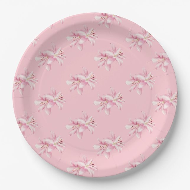 Pink Floral Flower Pattern Paper Plate (Front)