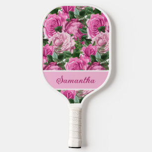 Pink Floral Flowers Roses Name Script Pickleball Paddle