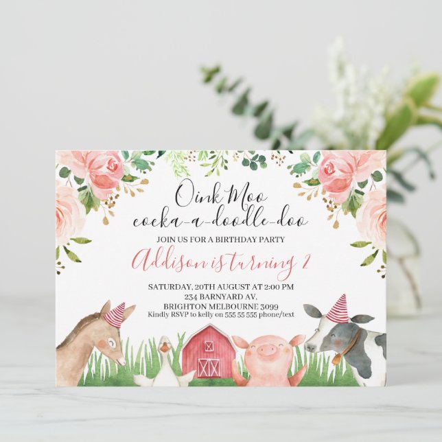 Pink Floral Foliage Farm Animals Birthday Invitation (Standing Front)