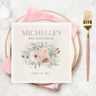 Pink Floral Foliage Glitter 40thBirthday Napkin