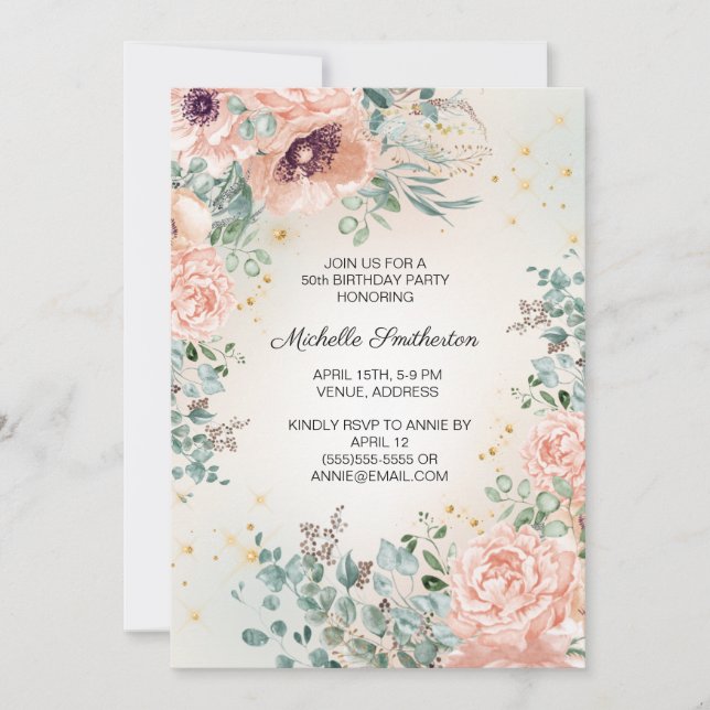Pink Floral Foliage Gold Glitter 50th Birthday Invitation (Front)