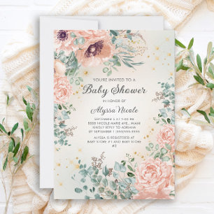 Pink Floral Foliage Gold Glitter Baby Shower Invitation