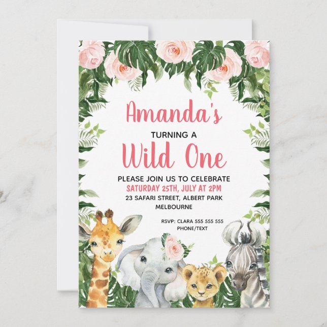 Pink Floral Foliage Safari Girls Wild One Invitation (Front)