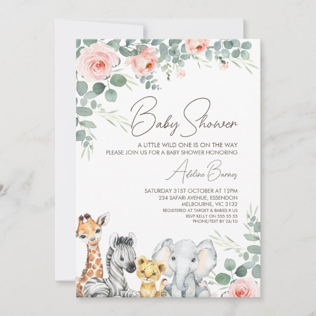Pink Floral Foliage Safari Wild One Baby Shower Invitation (Front)