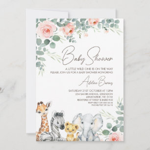 Pink Floral Foliage Safari Wild One Baby Shower Invitation