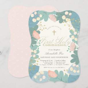 Pink Floral Foliages Girl First Holy Communion Invitation