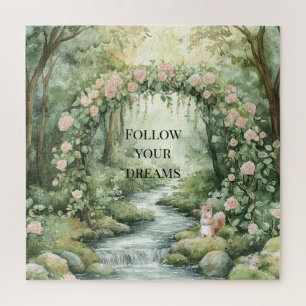Pink Floral Forest Squirrel Jigsaw Puzzle
