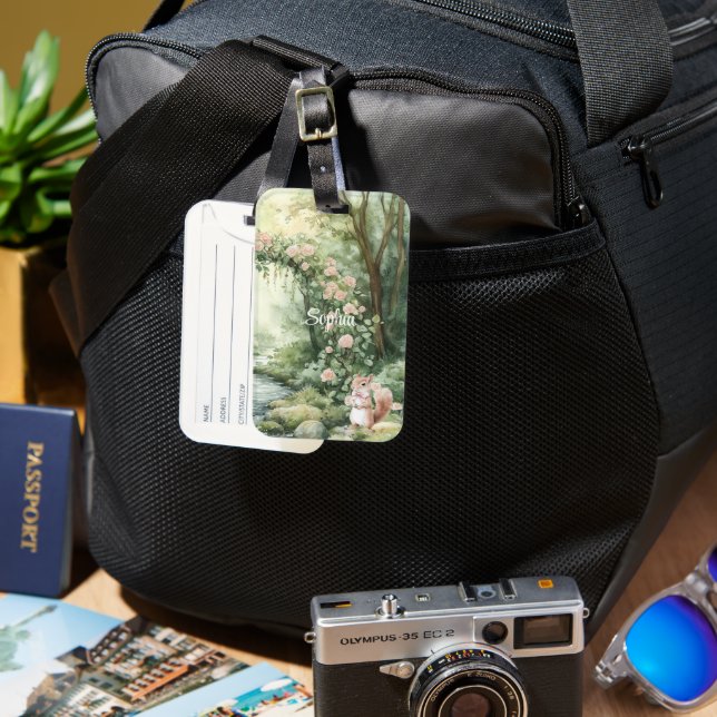 Pink Floral Forest Squirrel Luggage Tag (Front & Back)