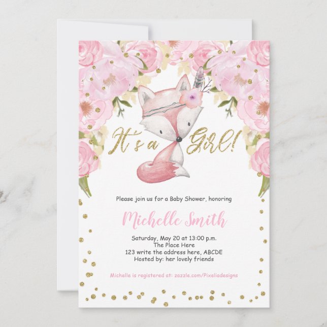 Pink Floral, Fox, Woodland Baby Girl Shower Invitation (Front)