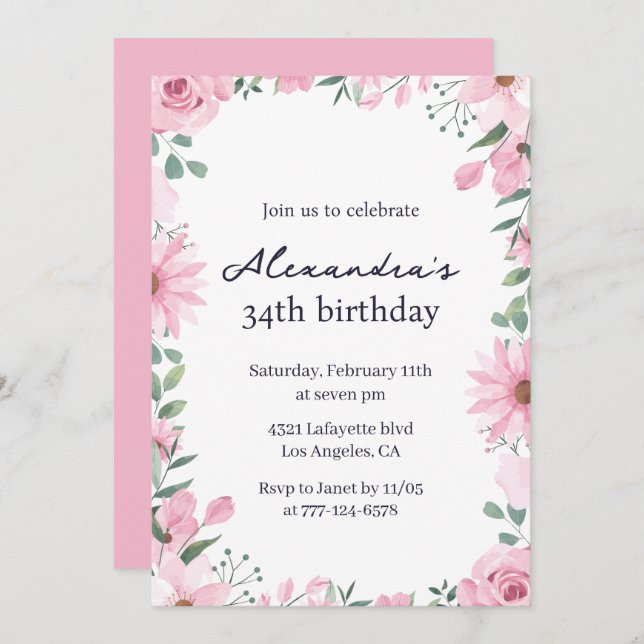 Pink Floral Frame 34th birthday invitations  (Front/Back)