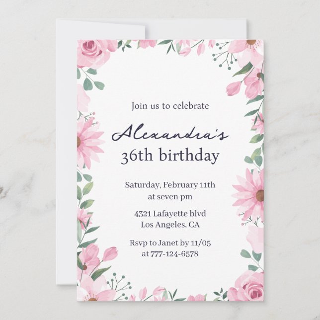 Pink Floral Frame 36th birthday invitations  (Front)