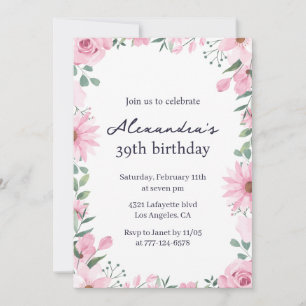 Pink Floral Frame 39th birthday invitations 