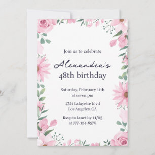 Pink Floral Frame 48th birthday invitations 