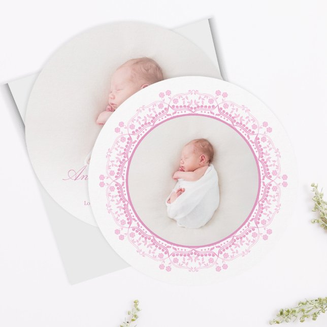 Pink Floral Frame Baby Photo Announcement (Pink floral baby announcement card with circular frame and newborn photo, soft feminine design)
