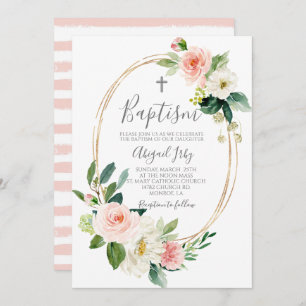 Pink Floral Frame Baptism Invitation