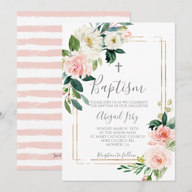 Pink Floral Frame Baptism Invitation (Front/Back)