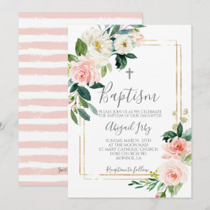 Pink Floral Frame Baptism Invitation