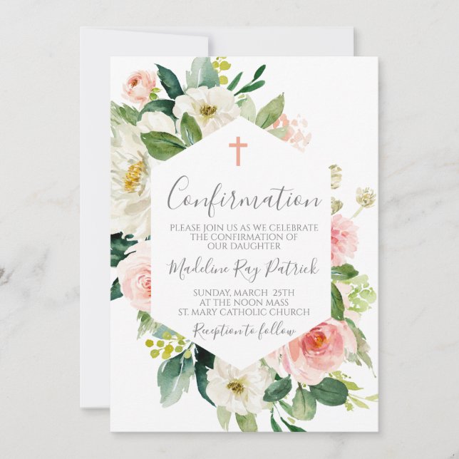 Pink Floral Frame Confirmation  Invitation (Front)