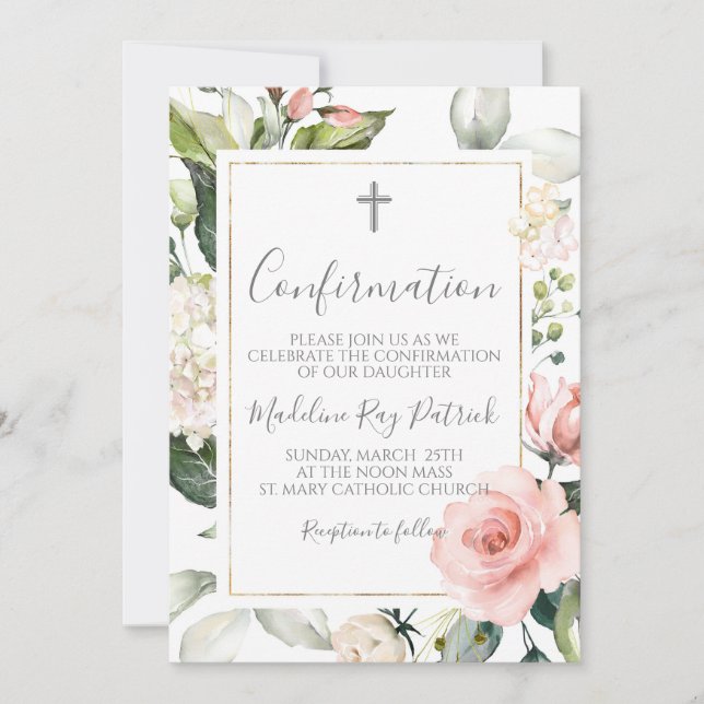Pink Floral Frame Confirmation  Invitation (Front)
