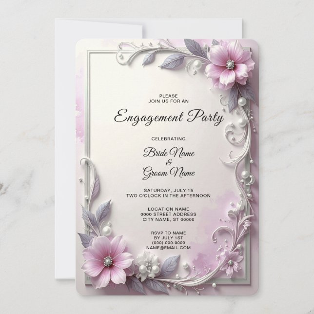 Pink Floral Frame Engagement Invitation (Front)