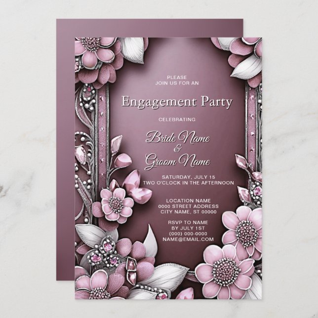 Pink Floral Frame Engagement Invitation (Front/Back)