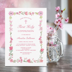 Pink Floral Frame First Communion Invitation