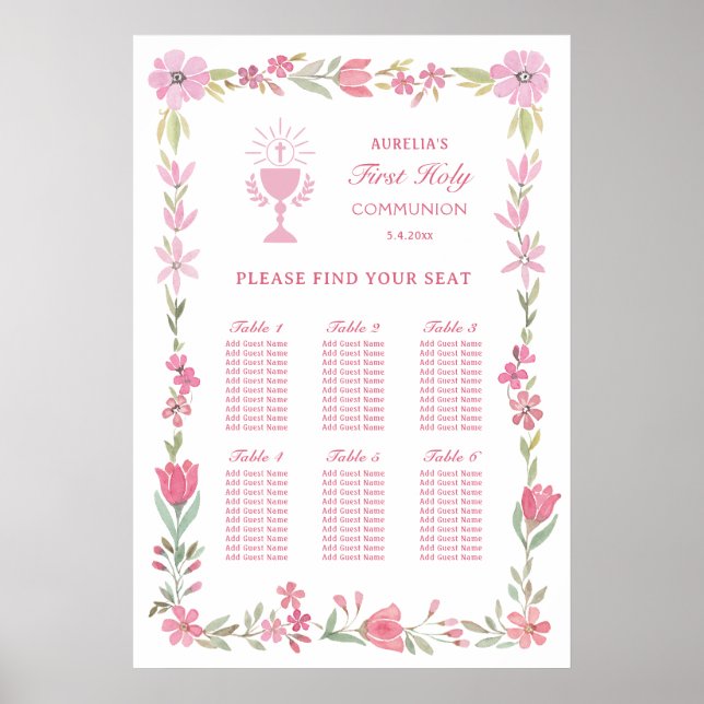 Pink Floral Frame First Communion Seating Chart (Front)