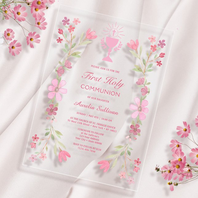 Pink Floral Frame First Holy Communion Clear Acrylic Invitations (Creator Uploaded)