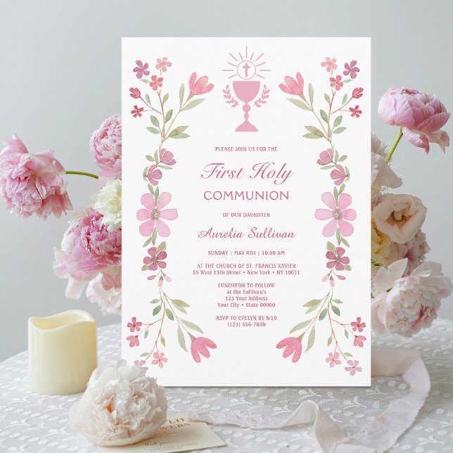 Pink Floral Frame First Holy Communion Invitation (Creator Uploaded)