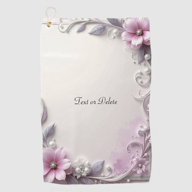 Pink Floral Frame Golf Towel (Front)