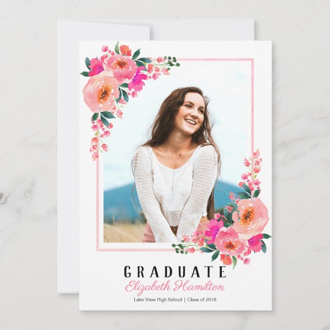 Pink Floral Frame Graduation  Announcement Photo (Front)