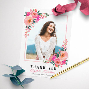 Pink Floral Frame Graduation Photo Thank You