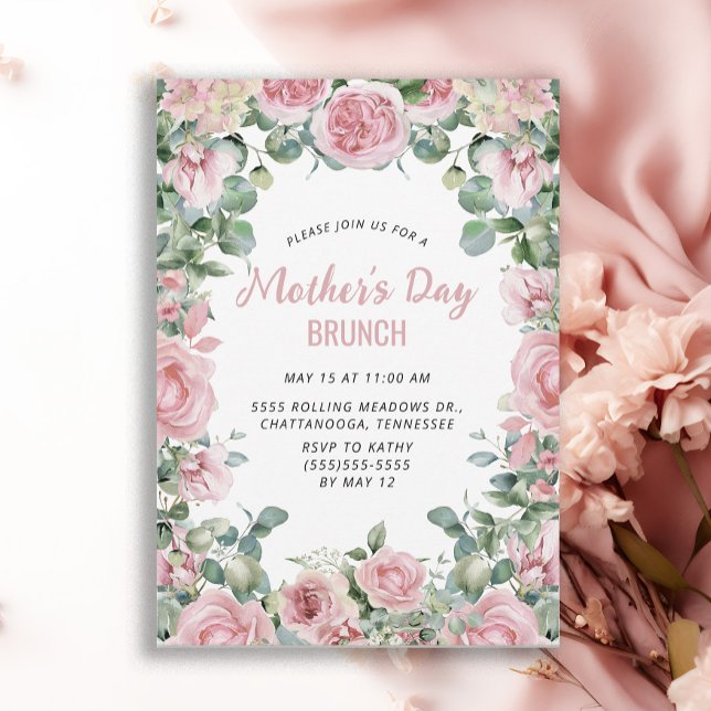 Pink Floral Frame Mother's Day Brunch Invitation (Elegant pink roses Mother's Day Brunch invitation)