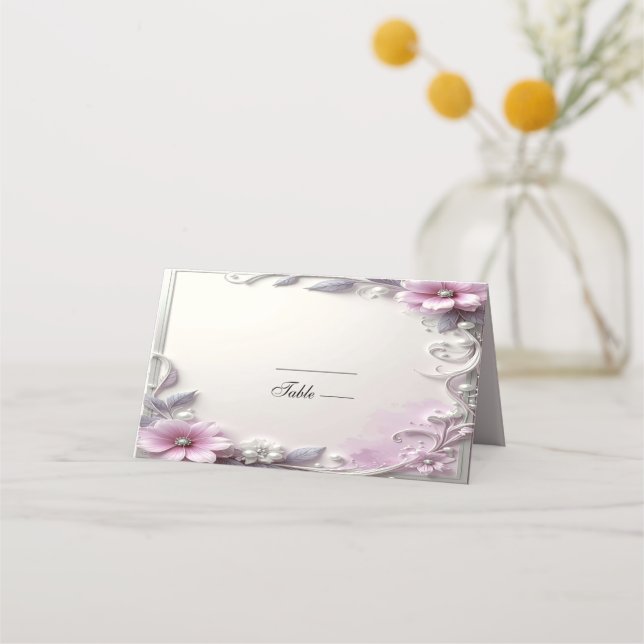 Pink Floral Frame Place Card (Front)