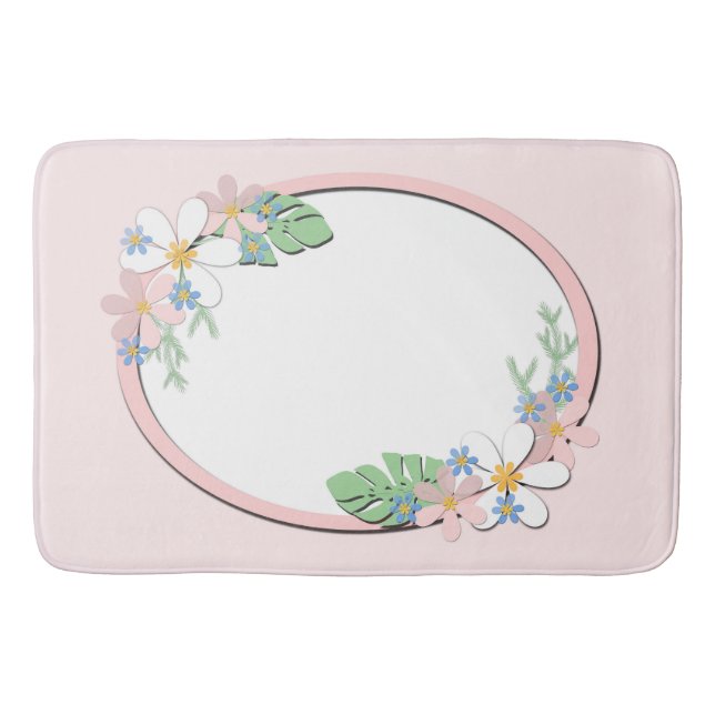 Pink floral frame round kids spring cute customiza bath mat (Front)