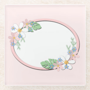 Pink floral frame round kids spring cute customiza glass coaster