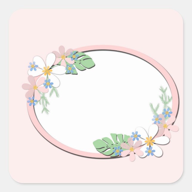 Pink floral frame round kids spring cute customiza square sticker (Front)