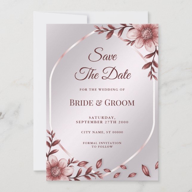 Pink Floral Frame Save The Date (Front)