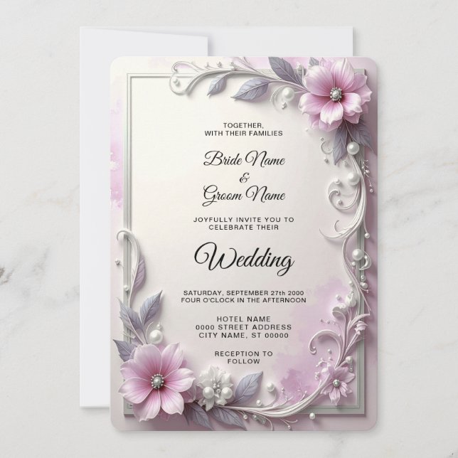 Pink Floral Frame Wedding Invitation (Front)