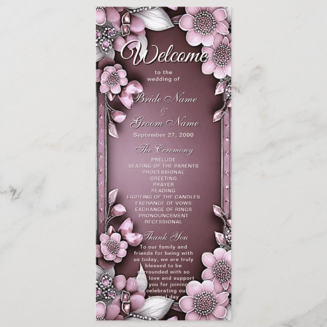 Pink Floral Frame Wedding Program (Front)