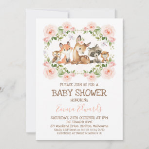 Pink Floral Frame Woodland Themed Baby Shower Invitation