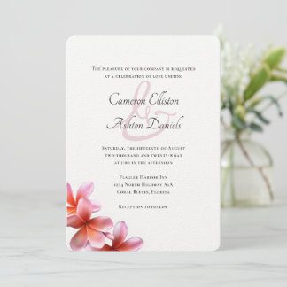 Pink Floral Frangipani White Wedding Invitation