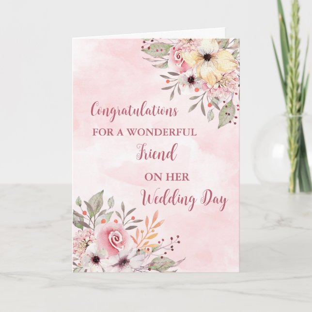 Pink Floral Friend Wedding Day Congratulations Card (Front)