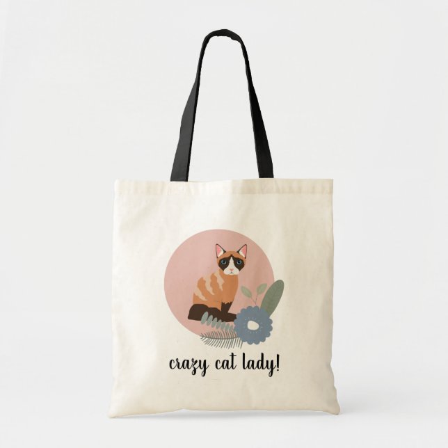 Pink Floral Fun Cute Crazy Cat Lady Tote Bag (Front)
