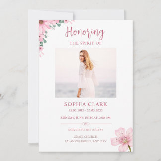 Pink Floral Funeral Invitation Celebration of Life