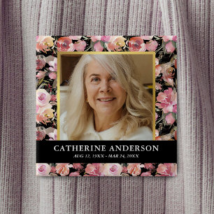 Pink Floral Funeral Memorial Photo Button