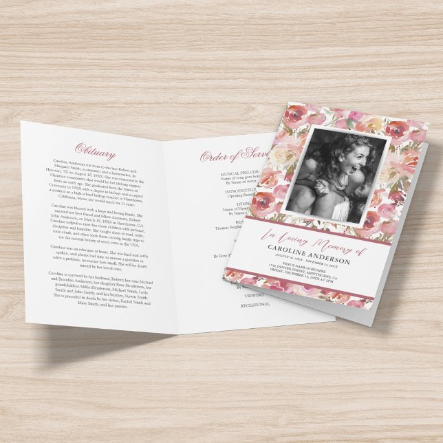 Pink Floral Funeral Order of Service Photo Program (Creator Uploaded)