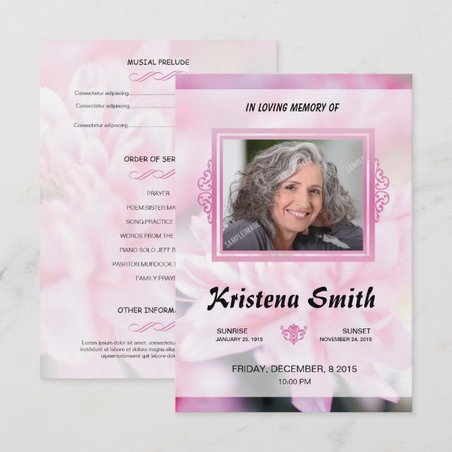Pink Floral Funeral Program Card Template (Front/Back)