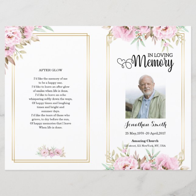 Pink floral Funeral Program template (Front)